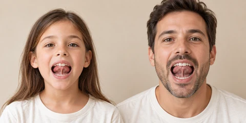 Adulto fictício com língua elevada e frênulo lingual visível