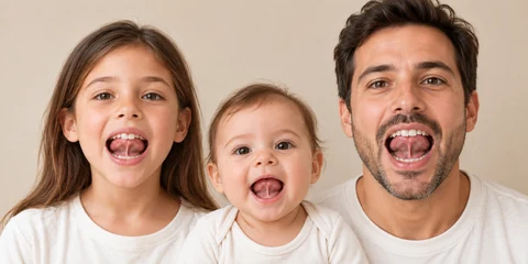 Menina, bebê e adulto fictícios com a língua elevada e o frênulo lingual visível