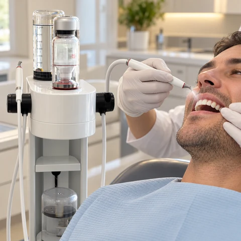 Imagem ilustrativa de equipamento AirFlow em uso durante limpeza dental de paciente fictício